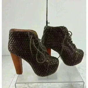 Jeffrey Campbell Havana Last Brown Woven Faux Leather Platform Lita Boots Size 7